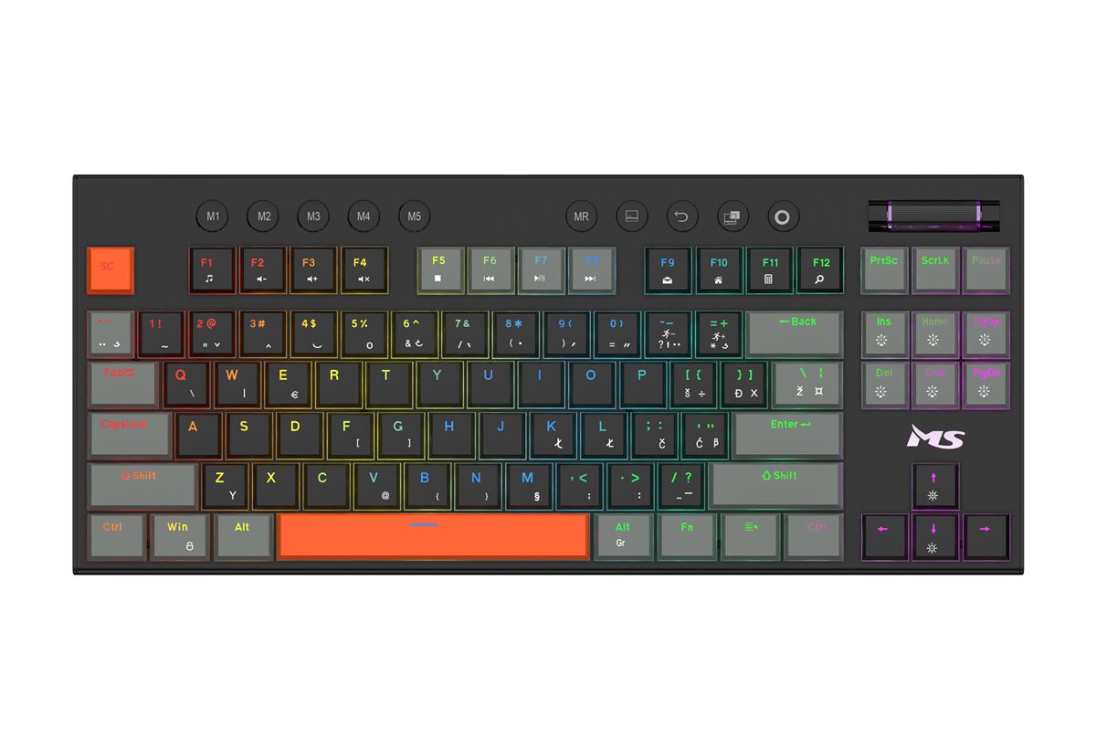 MS Elite K-703C mehanička žičana gaming tipkovnica, red switches, ANSI layout sa 98 tipki, 18 RGB efekata, Anti-Ghosting, 12 multimedijskih tipki, dužina kabla 1,8m, dimenzije 357x150x27mm, težina 590g, jamstvo 2 godine
