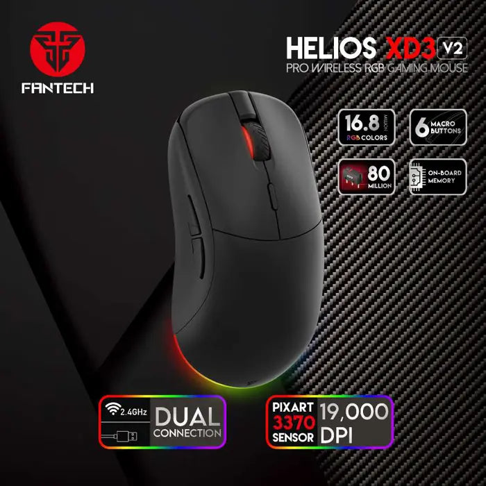 MIŠ GAMING FANTECH 19000 DPI DUAL ŽIČNI I BEŽIČNI HELIOS XD3 V2 CRNI