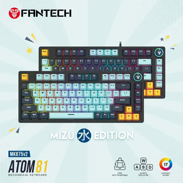 TIPKOVNICA GAMING ŽIČNA MEHANIČKA FANTECH ATOM 81 RED SW. MK875V2 SKY BLUE